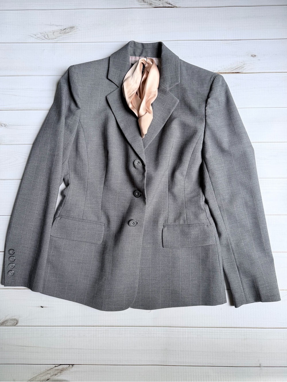 Kasper Gray Blazer with Pink Scarf Detail